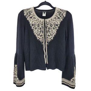 Vtg Merino Wool Sweater Cardigan M Black Embroidered Bell Sleeves Morbid Goth